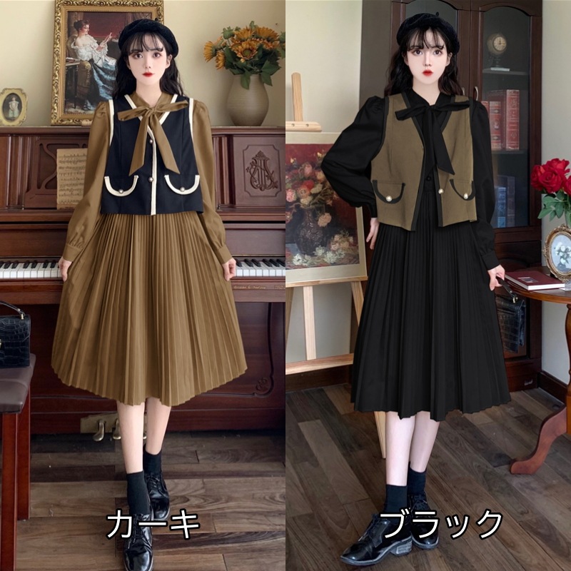 セットアップ レディース ワンピース ジレ 2カラー M L XL 2XL 3XL 4XL ブラック カーキ カラバリ 韓国 2点セット ロングワンピース 長袖 無地 プリーツワンピース パフスリーブ セットアップ レディース ワンピース ジレ 2カラー M L XL 2XL 3XL 4XL ブラック カーキ カラバリ 韓国 2点セット ロングワンピース 長袖 無地 プリーツワンピース パフスリーブ