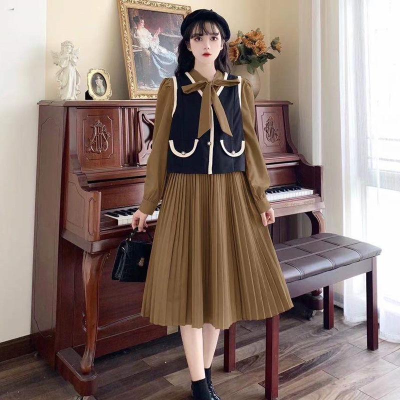 セットアップ レディース ワンピース ジレ 2カラー M L XL 2XL 3XL 4XL ブラック カーキ カラバリ 韓国 2点セット ロングワンピース 長袖 無地 プリーツワンピース パフスリーブ セットアップ レディース ワンピース ジレ 2カラー M L XL 2XL 3XL 4XL ブラック カーキ カラバリ 韓国 2点セット ロングワンピース 長袖 無地 プリーツワンピース パフスリーブ