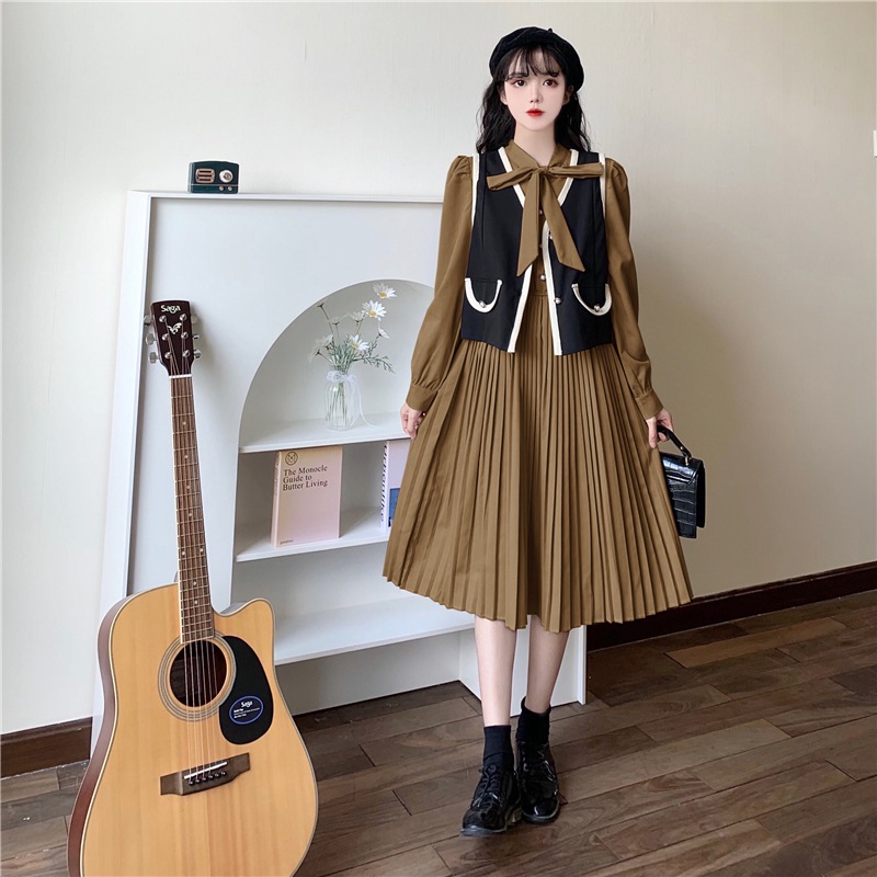 セットアップ レディース ワンピース ジレ 2カラー M L XL 2XL 3XL 4XL ブラック カーキ カラバリ 韓国 2点セット ロングワンピース 長袖 無地 プリーツワンピース パフスリーブ セットアップ レディース ワンピース ジレ 2カラー M L XL 2XL 3XL 4XL ブラック カーキ カラバリ 韓国 2点セット ロングワンピース 長袖 無地 プリーツワンピース パフスリーブ