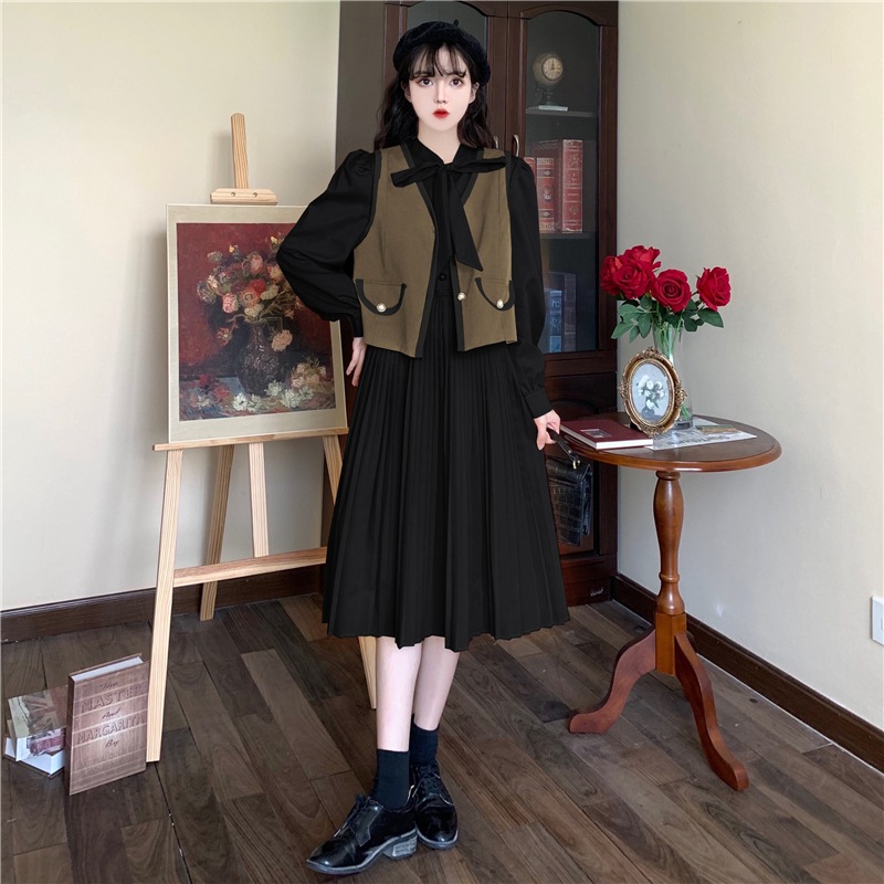 セットアップ レディース ワンピース ジレ 2カラー M L XL 2XL 3XL 4XL ブラック カーキ カラバリ 韓国 2点セット ロングワンピース 長袖 無地 プリーツワンピース パフスリーブ セットアップ レディース ワンピース ジレ 2カラー M L XL 2XL 3XL 4XL ブラック カーキ カラバリ 韓国 2点セット ロングワンピース 長袖 無地 プリーツワンピース パフスリーブ