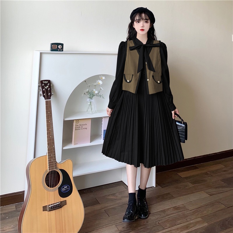 セットアップ レディース ワンピース ジレ 2カラー M L XL 2XL 3XL 4XL ブラック カーキ カラバリ 韓国 2点セット ロングワンピース 長袖 無地 プリーツワンピース パフスリーブ セットアップ レディース ワンピース ジレ 2カラー M L XL 2XL 3XL 4XL ブラック カーキ カラバリ 韓国 2点セット ロングワンピース 長袖 無地 プリーツワンピース パフスリーブ