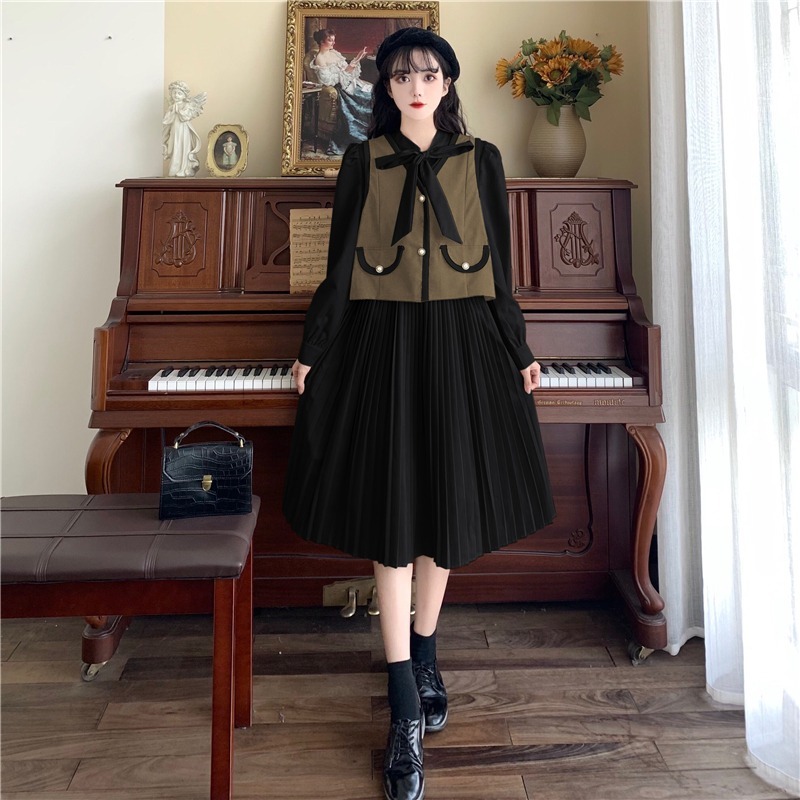 セットアップ レディース ワンピース ジレ 2カラー M L XL 2XL 3XL 4XL ブラック カーキ カラバリ 韓国 2点セット ロングワンピース 長袖 無地 プリーツワンピース パフスリーブ セットアップ レディース ワンピース ジレ 2カラー M L XL 2XL 3XL 4XL ブラック カーキ カラバリ 韓国 2点セット ロングワンピース 長袖 無地 プリーツワンピース パフスリーブ