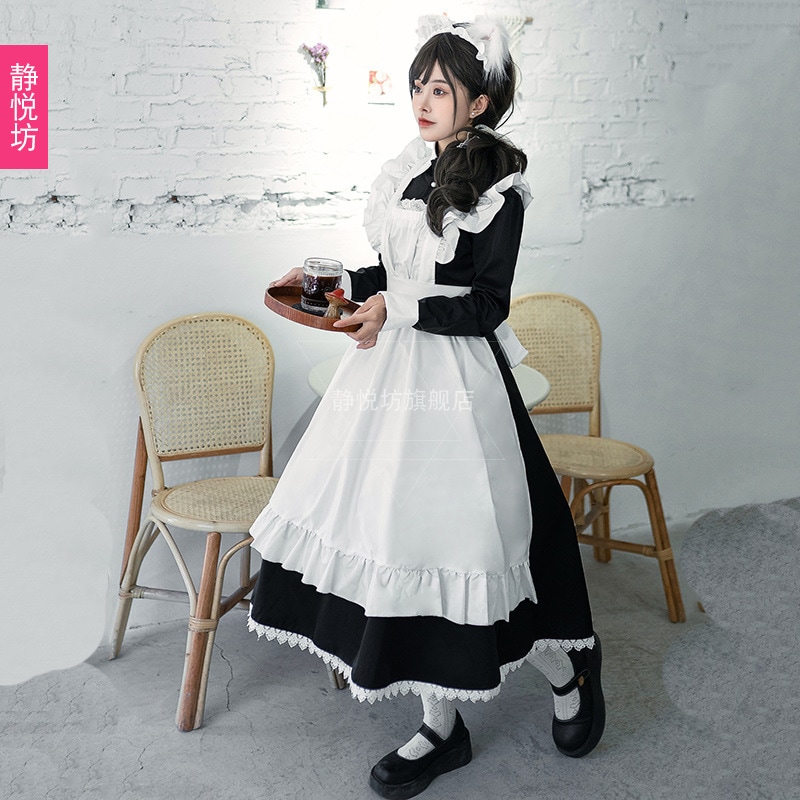 日本のメイド衣装メイド衣装黒ロングスカート柔らかい妹ロリータ長袖ロリータロリータドレスメイド衣装