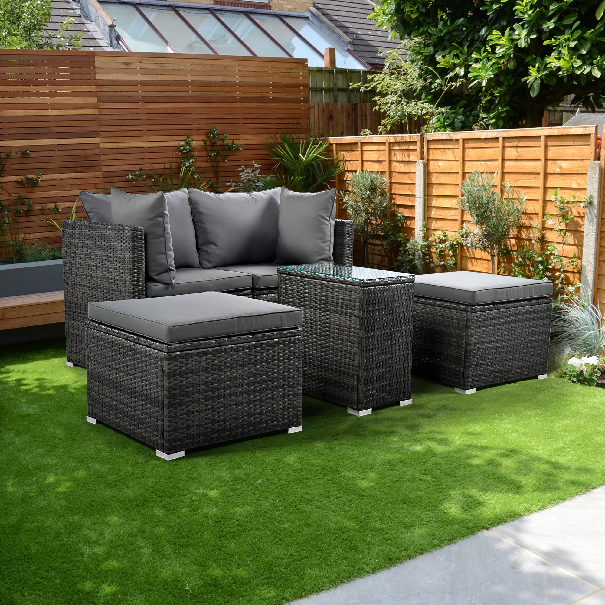 ラタン調 ガーデンファニチャー 5点 積み重ねて収納できる！ガーデン