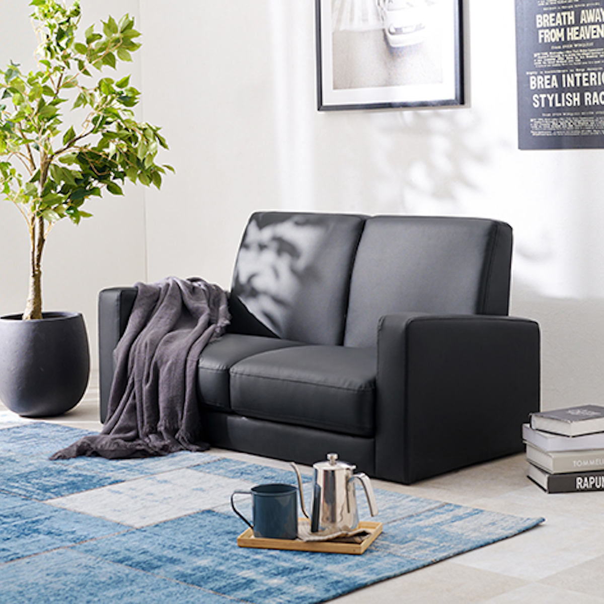 ソファ 幅120cm 2人掛け PVC生地 ローソファ 二人用 コンパクト ソファー レザー調 2P 肘付き ワンルーム ビンテージ調 ブラック ブラウン ダークブラウン