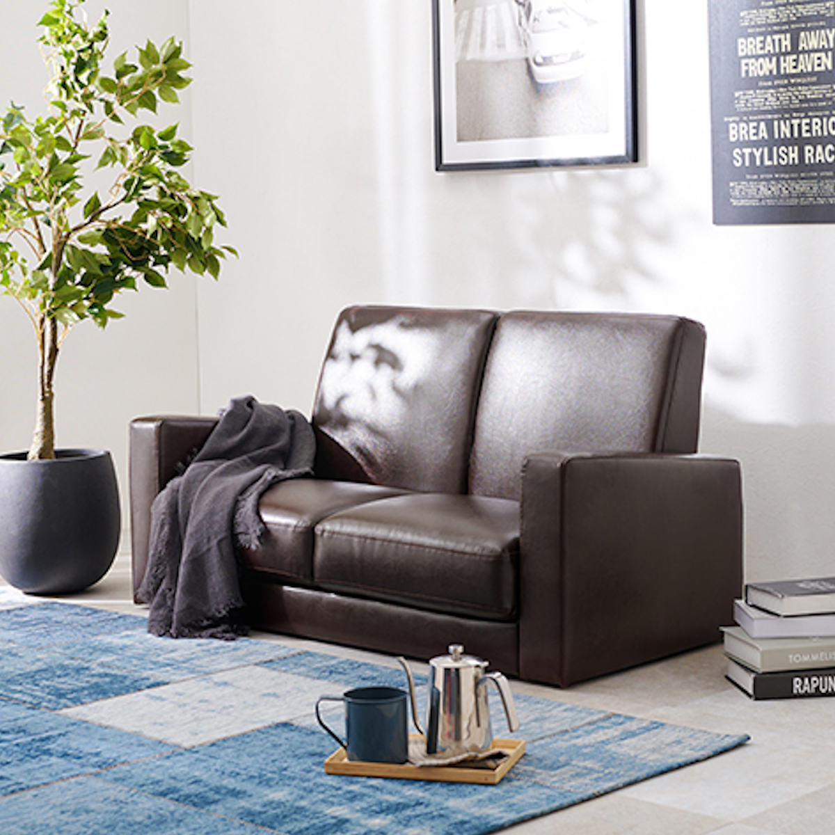 ソファ 幅120cm 2人掛け PVC生地 ローソファ 二人用 コンパクト ソファー レザー調 2P 肘付き ワンルーム ビンテージ調 ブラック ブラウン ダークブラウン