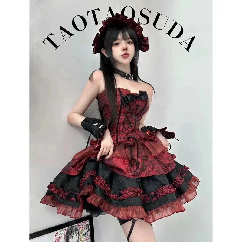 高級感ダーク系レトロロリータスカート可愛スカートスーツウエストが細く見える高級感のあるバブルスリーブスーツ 2025 新入荷 高級感ダーク系レトロロリータスカート可愛スカートスーツウエストが細く見える高級感のあるバブルスリーブスーツ 2025 新入荷