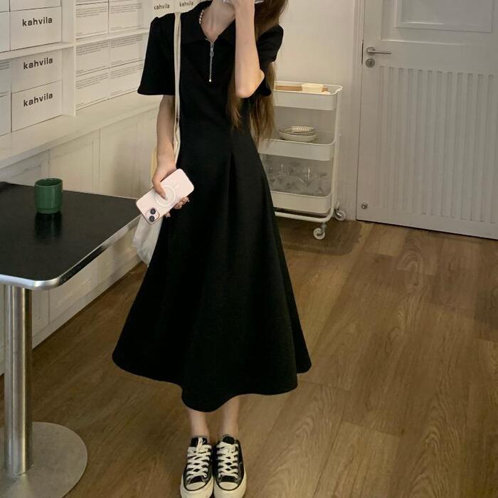 ワンピース 袖あり ハーフジップ ポロワンピ レディース きれいめ カジュアル おしゃれ 半袖 大人 可愛い フェミニン ハイウエスト ウエストタック ミモレ丈 体型カバー シンプル イエロー ブラッ