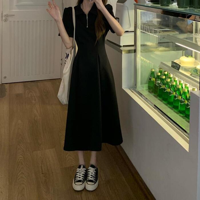 ワンピース 袖あり ハーフジップ ポロワンピ レディース きれいめ カジュアル おしゃれ 半袖 大人 可愛い フェミニン ハイウエスト ウエストタック ミモレ丈 体型カバー シンプル イエロー ブラッ