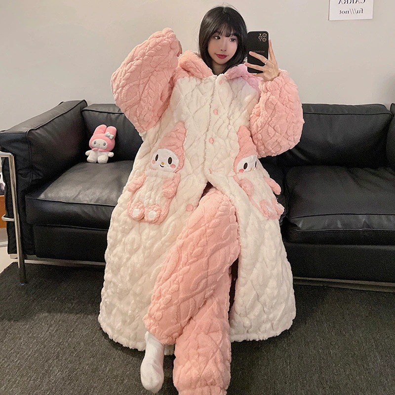 寝衣パジャマ女性秋冬サンゴベルベット三層綿ベルベット厚手の長い冬の家庭服セット