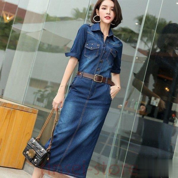デニムワンピース マキシ丈 夏 五分袖 ロングワンピース スリット 無地 ベルト付き 上品 大人 通勤 20代30代40代 デニムワンピース マキシ丈 夏 五分袖 ロングワンピース スリット 無地 ベルト付き 上品 大人 通勤 20代30代40代