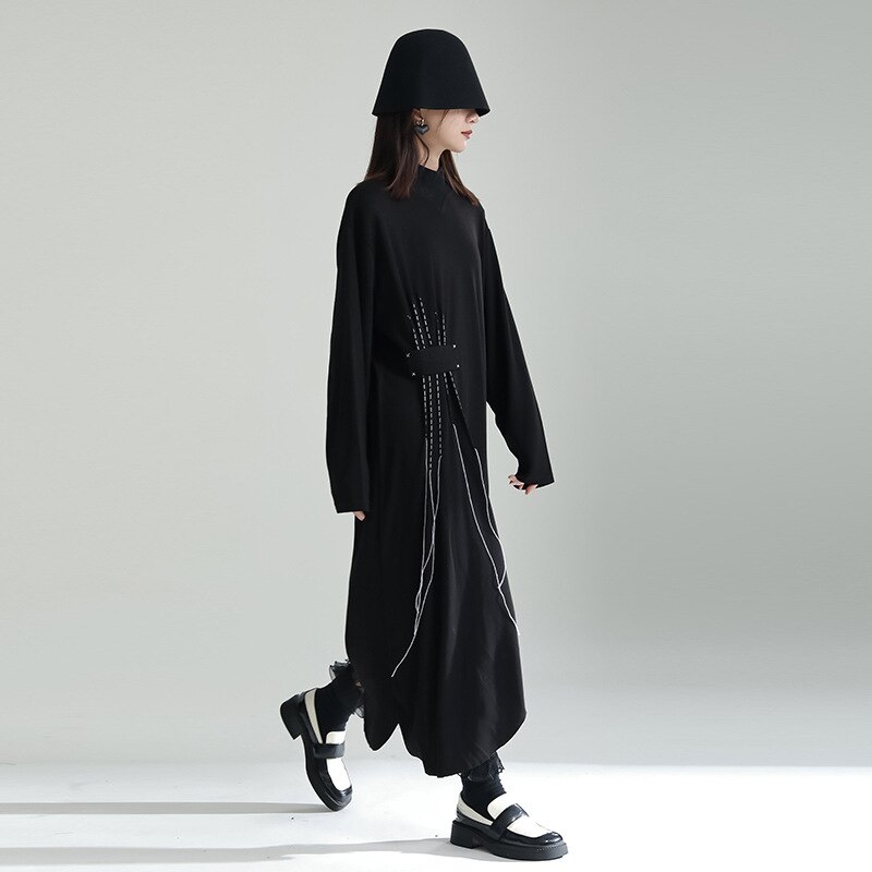 2024人気新作黒ハイネック長袖ワンピースロングレディース冬服