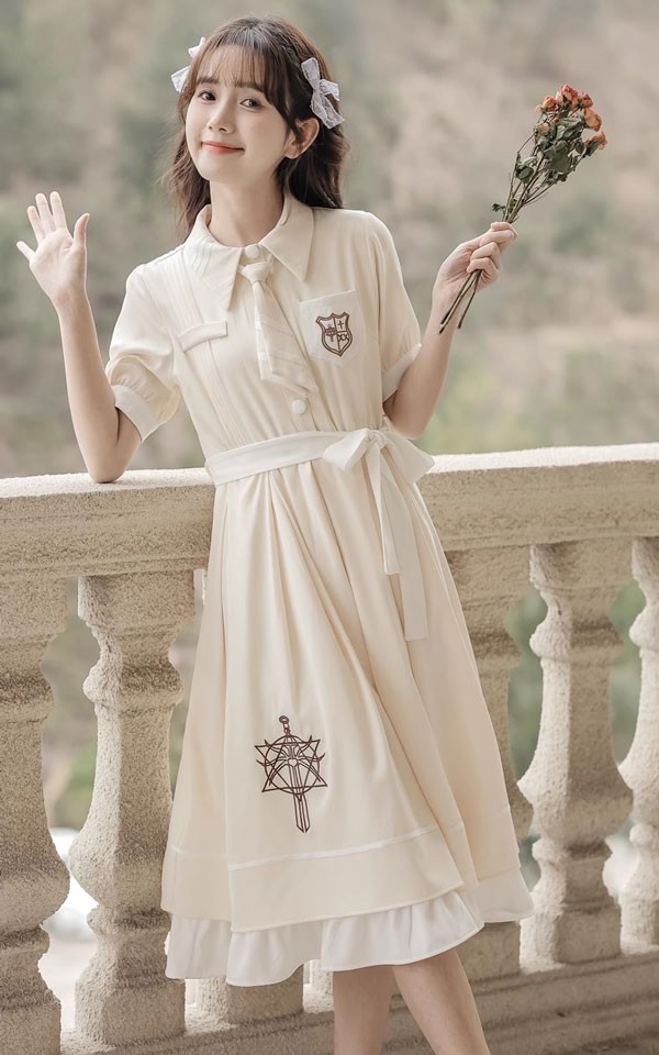 ワンピース レディース ロリータワンピース 夏 学生風 レトロ風 フランス風 シンプル ゴスロリ Aライン ハイウエスト ロリィタファッション リボン 半袖 コスチューム 衣装 かわいい 仮装 パーテ