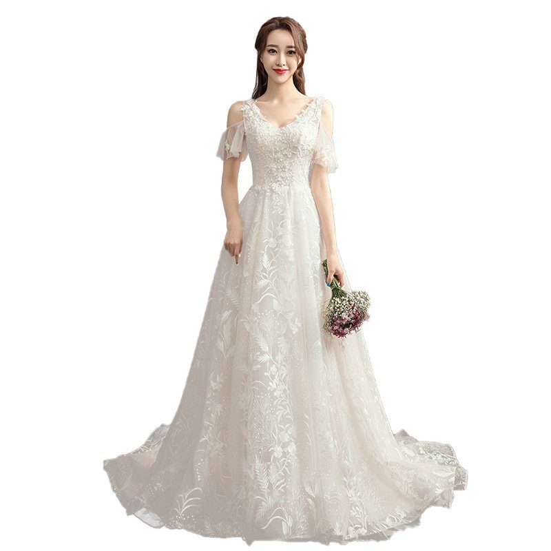 ウェディングドレス 白 花嫁 結婚式 ドレス Aラインドレス 安い 花嫁 挙式 二次会 ブライダル 結婚式 レディース ロングドレス 袖あり白 レース プリンセスライン 撮影 編み上げ式