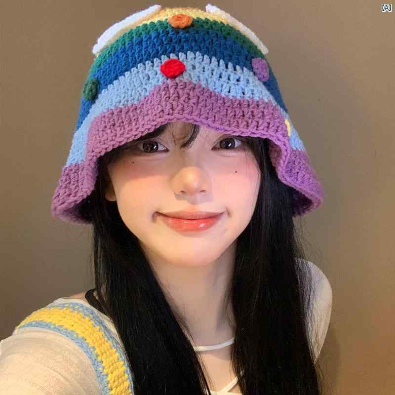 レディースファッション　ファッション小物　オシャレ 秋冬 かわいい レインボー コントラスト ニット ウール 帽子 大きい頭囲 顔 小柄 和風 フィッシャーマン ハット