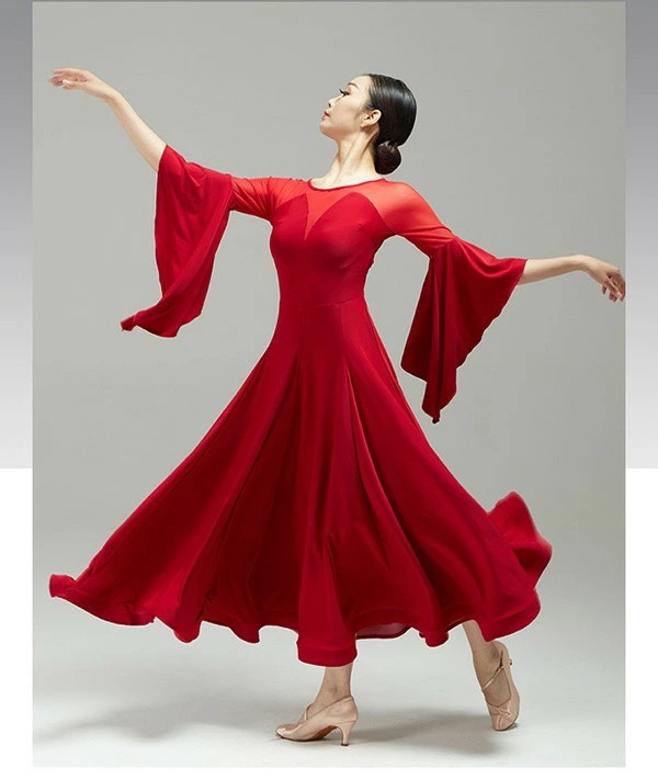 厳選素材社交ダンス ドレス 社交ダンス衣装 ワンピース 競技用ドレス スタンダード ステージ衣装 ワインレッド ブラック 大きいサイズ ロング丈 ロングドレス 広がる裾 ダンスウェア 透け感 フレア袖