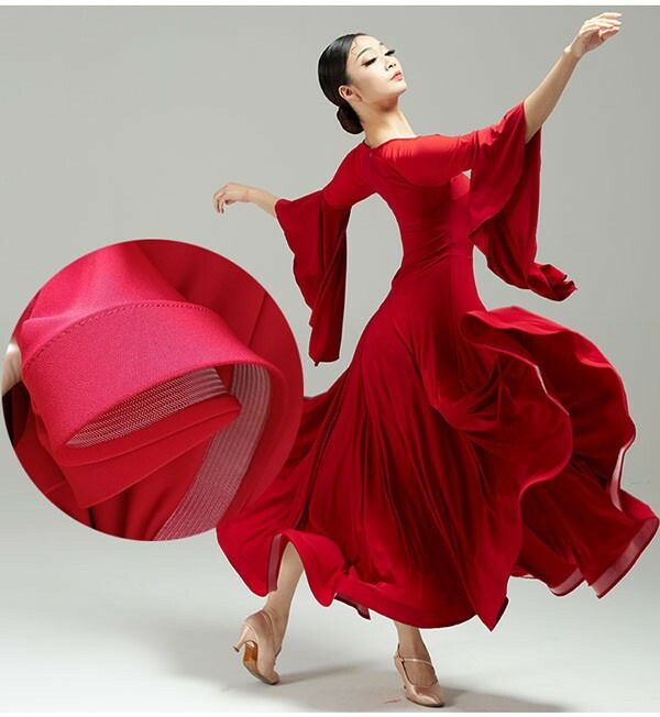 厳選素材社交ダンス ドレス 社交ダンス衣装 ワンピース 競技用ドレス スタンダード ステージ衣装 ワインレッド ブラック 大きいサイズ ロング丈 ロングドレス 広がる裾 ダンスウェア 透け感 フレア袖