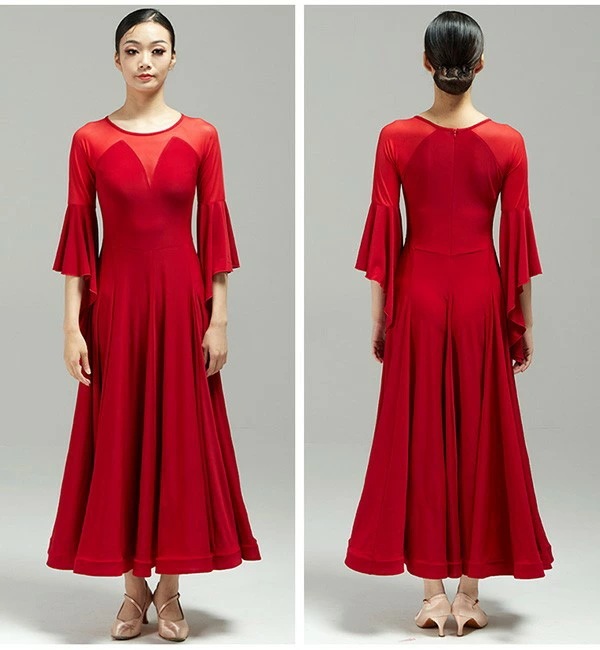 厳選素材社交ダンス ドレス 社交ダンス衣装 ワンピース 競技用ドレス スタンダード ステージ衣装 ワインレッド ブラック 大きいサイズ ロング丈 ロングドレス 広がる裾 ダンスウェア 透け感 フレア袖