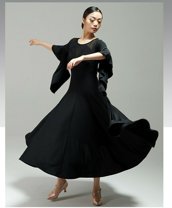 厳選素材社交ダンス ドレス 社交ダンス衣装 ワンピース 競技用ドレス スタンダード ステージ衣装 ワインレッド ブラック 大きいサイズ ロング丈 ロングドレス 広がる裾 ダンスウェア 透け感 フレア袖