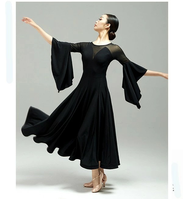 厳選素材社交ダンス ドレス 社交ダンス衣装 ワンピース 競技用ドレス スタンダード ステージ衣装 ワインレッド ブラック 大きいサイズ ロング丈 ロングドレス 広がる裾 ダンスウェア 透け感 フレア袖