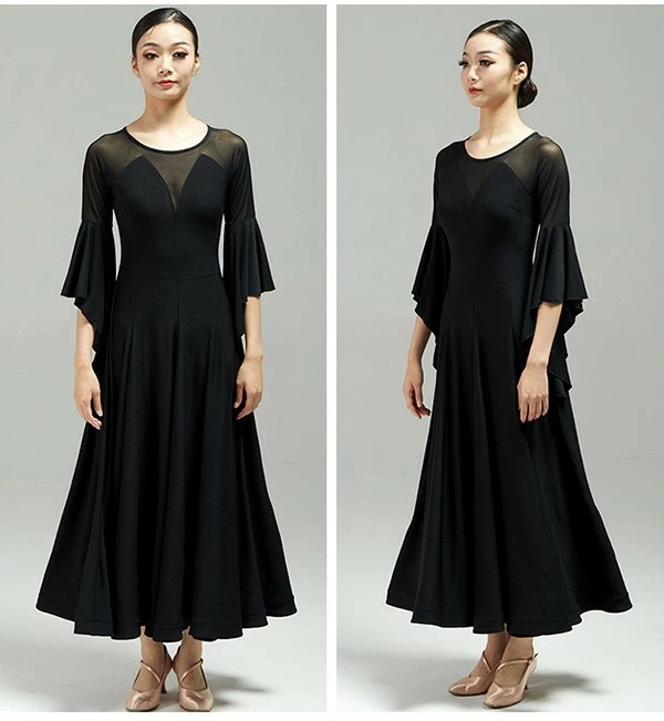 厳選素材社交ダンス ドレス 社交ダンス衣装 ワンピース 競技用ドレス スタンダード ステージ衣装 ワインレッド ブラック 大きいサイズ ロング丈 ロングドレス 広がる裾 ダンスウェア 透け感 フレア袖