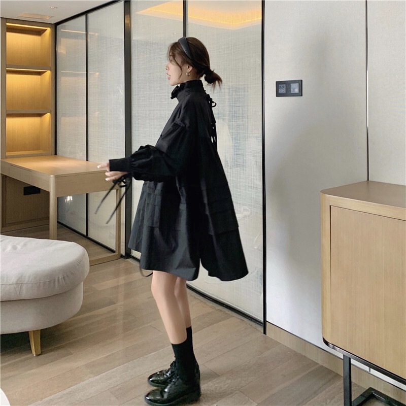 ワンピース デート シャツ シャツワンピース ショート ショート丈 膝上 袖あり 長袖 リボン 春 個性的 ホワイト ブラック フリーサイズ こなれ感 エレガント クール モード系 ガーリー
