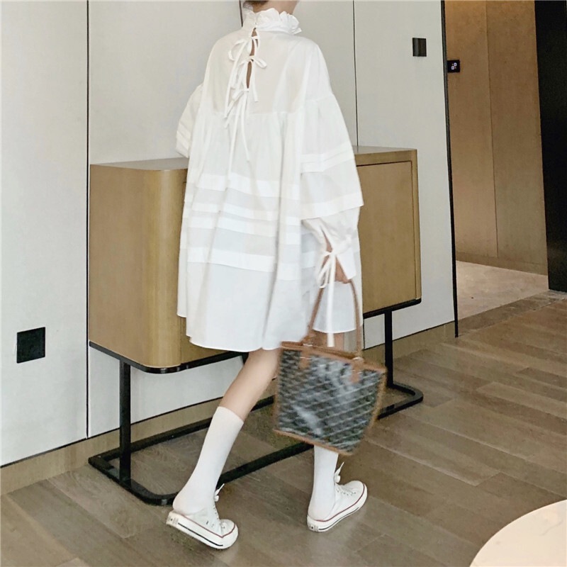 ワンピース デート シャツ シャツワンピース ショート ショート丈 膝上 袖あり 長袖 リボン 春 個性的 ホワイト ブラック フリーサイズ こなれ感 エレガント クール モード系 ガーリー