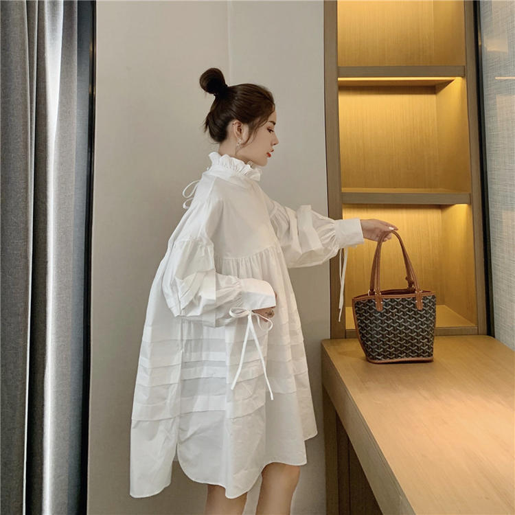 ワンピース デート シャツ シャツワンピース ショート ショート丈 膝上 袖あり 長袖 リボン 春 個性的 ホワイト ブラック フリーサイズ こなれ感 エレガント クール モード系 ガーリー