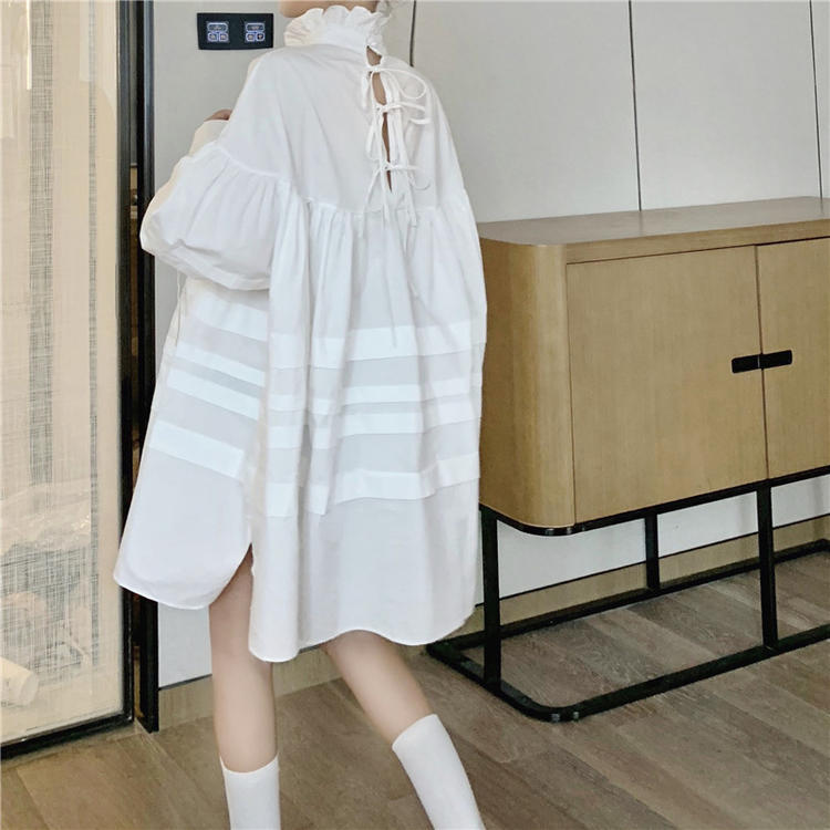 ワンピース デート シャツ シャツワンピース ショート ショート丈 膝上 袖あり 長袖 リボン 春 個性的 ホワイト ブラック フリーサイズ こなれ感 エレガント クール モード系 ガーリー