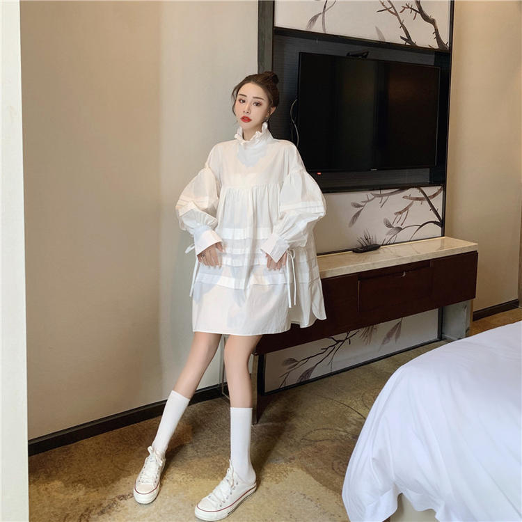 ワンピース デート シャツ シャツワンピース ショート ショート丈 膝上 袖あり 長袖 リボン 春 個性的 ホワイト ブラック フリーサイズ こなれ感 エレガント クール モード系 ガーリー