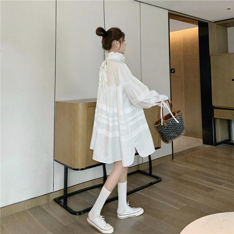 ワンピース デート シャツ シャツワンピース ショート ショート丈 膝上 袖あり 長袖 リボン 春 個性的 ホワイト ブラック フリーサイズ こなれ感 エレガント クール モード系 ガーリー