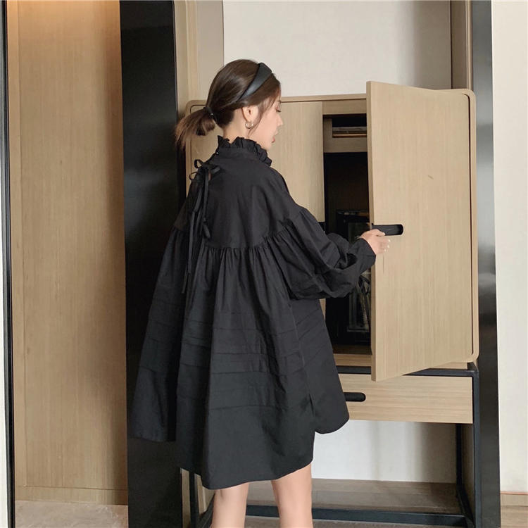 ワンピース デート シャツ シャツワンピース ショート ショート丈 膝上 袖あり 長袖 リボン 春 個性的 ホワイト ブラック フリーサイズ こなれ感 エレガント クール モード系 ガーリー