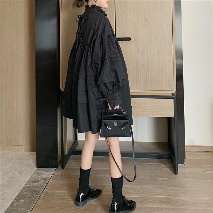 ワンピース デート シャツ シャツワンピース ショート ショート丈 膝上 袖あり 長袖 リボン 春 個性的 ホワイト ブラック フリーサイズ こなれ感 エレガント クール モード系 ガーリー