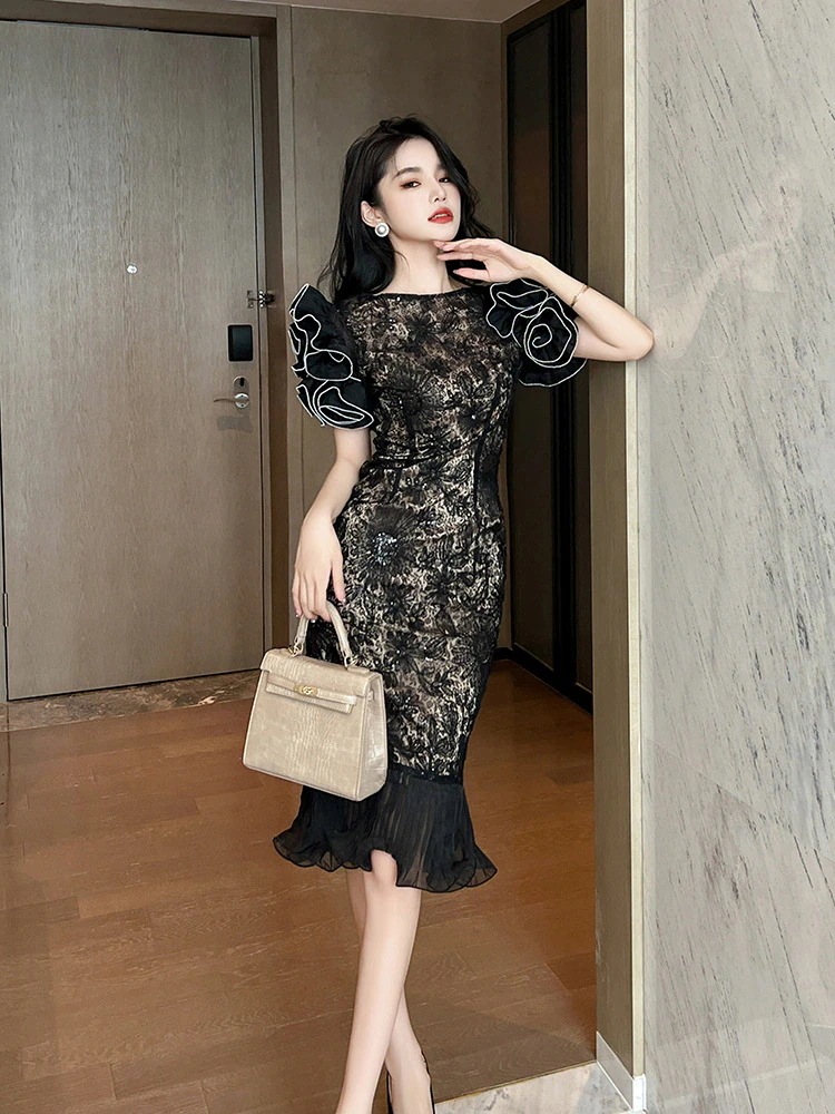 2024夏新品 花びら袖 レース マーメイド ワンピース ドレス パーティー キャバ 着痩せ 大人 お呼ばれ 同窓会 披露宴 卒業式 結婚式 ウェディング 二次会 成人式