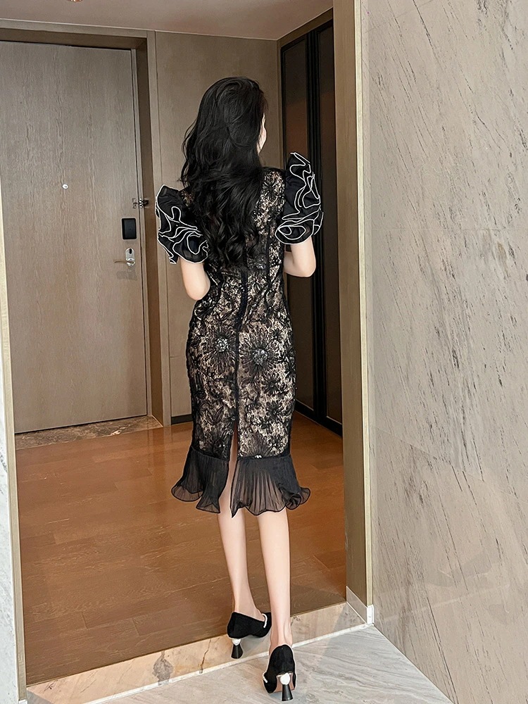 2024夏新品 花びら袖 レース マーメイド ワンピース ドレス パーティー キャバ 着痩せ 大人 お呼ばれ 同窓会 披露宴 卒業式 結婚式 ウェディング 二次会 成人式