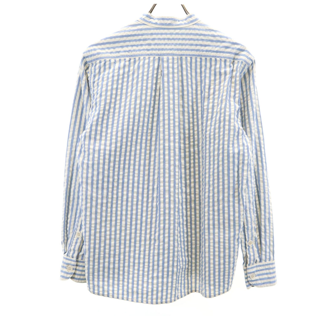 MOMOTARO JEANS 桃太郎ジーンズ ストライプ柄 長袖 プルオーバー バンドカラーシャツ 36 ホワイト シアサッカー メンズ 古着 MOMOTARO JEANS 桃太郎ジーンズ ストライプ柄 長袖 プルオーバー バンドカラーシャツ 36 ホワイト シアサッカー メンズ 古着