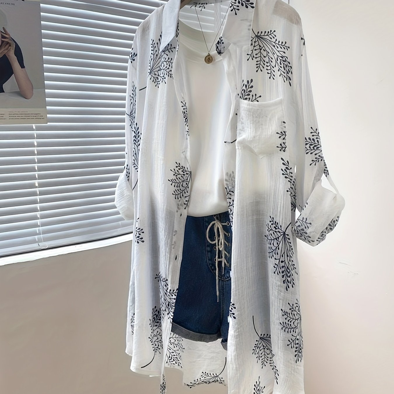 植物プリントボタンフロントシャツエレガントな長袖胸ポケットシャツ春と秋のレディース服 植物プリントボタンフロントシャツエレガントな長袖胸ポケットシャツ春と秋のレディース服