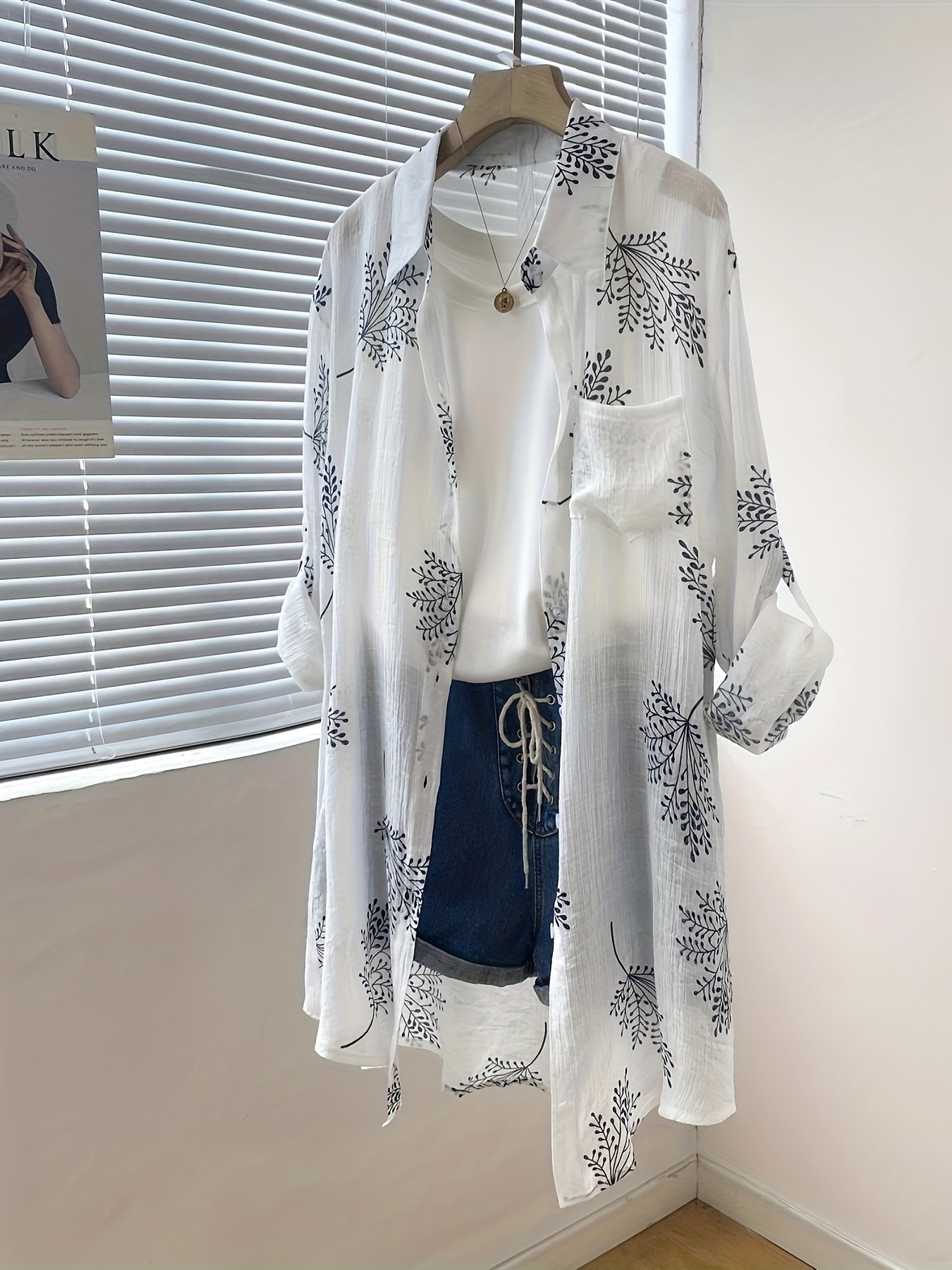 植物プリントボタンフロントシャツエレガントな長袖胸ポケットシャツ春と秋のレディース服 植物プリントボタンフロントシャツエレガントな長袖胸ポケットシャツ春と秋のレディース服