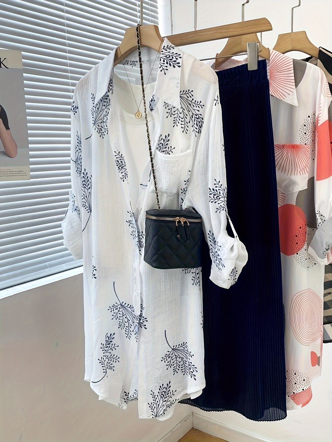 植物プリントボタンフロントシャツエレガントな長袖胸ポケットシャツ春と秋のレディース服 植物プリントボタンフロントシャツエレガントな長袖胸ポケットシャツ春と秋のレディース服