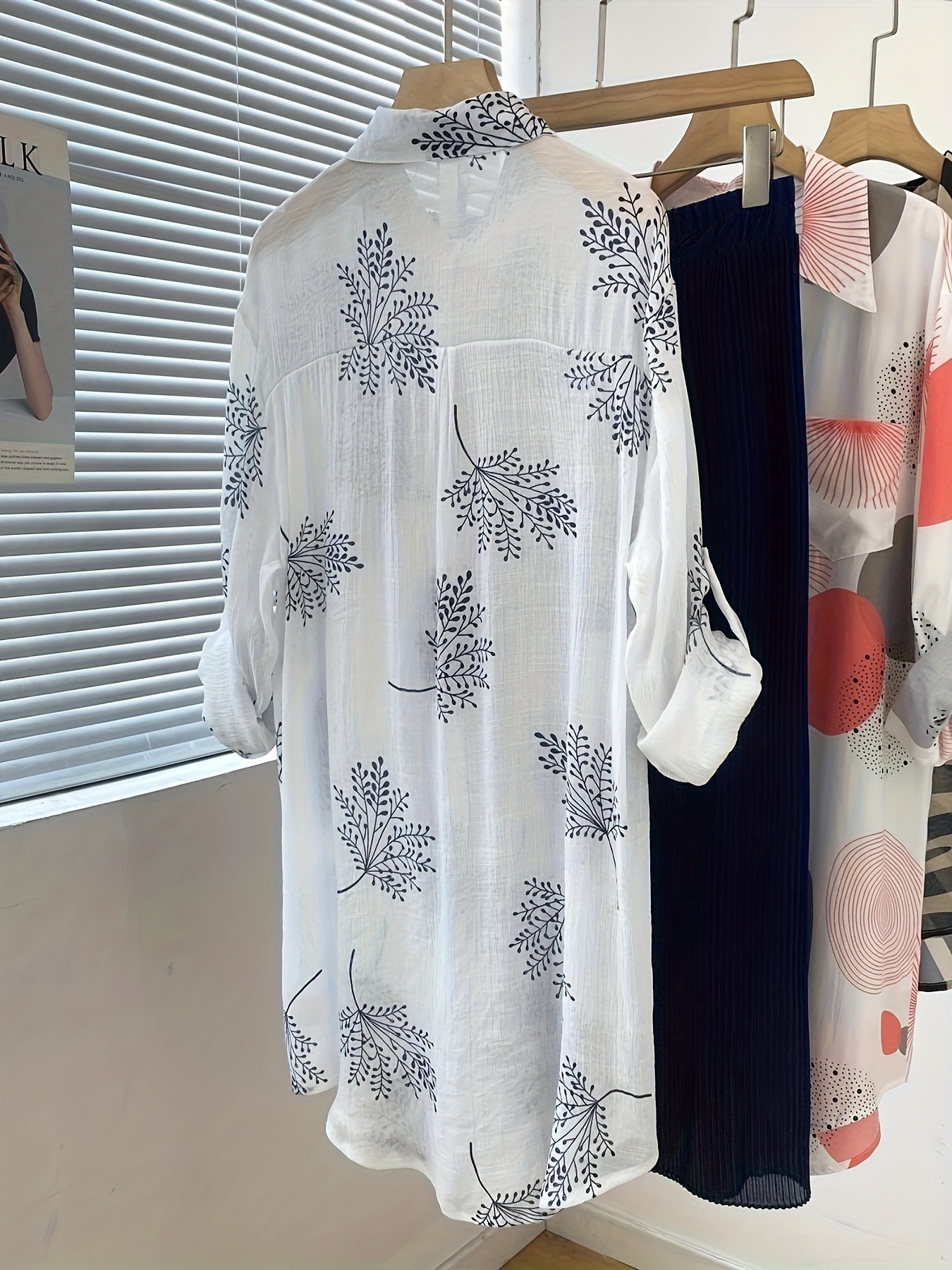 植物プリントボタンフロントシャツエレガントな長袖胸ポケットシャツ春と秋のレディース服 植物プリントボタンフロントシャツエレガントな長袖胸ポケットシャツ春と秋のレディース服