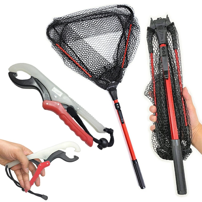 たも網 フィッシュグリップ セット FISHグリップ 蓄光 水に浮く ワニグリップ 魚掴み タモ網 玉網 折畳み式 ランディングネット 魚 釣り フィッシング FISHING