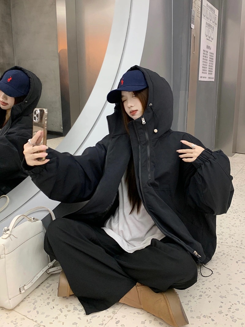 ふっくら中綿 あたたかい 冬 防寒あったかショート暖かいかわいいフード付きブルゾン厚手アウターブルーBF風 無地羽織るファッション大人ゆったりカジュアルストリートネックにサイズゆるダボシルエット秋黑白