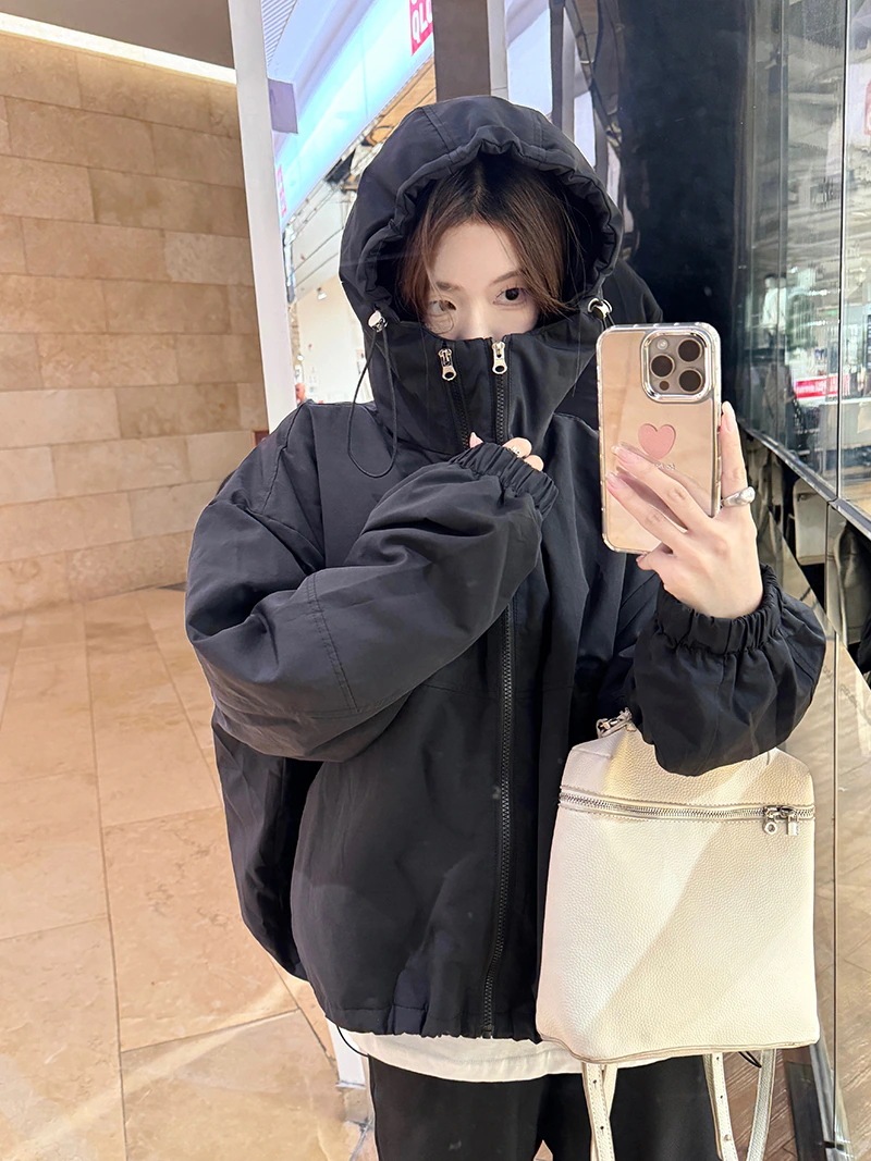 ふっくら中綿 あたたかい 冬 防寒あったかショート暖かいかわいいフード付きブルゾン厚手アウターブルーBF風 無地羽織るファッション大人ゆったりカジュアルストリートネックにサイズゆるダボシルエット秋黑白