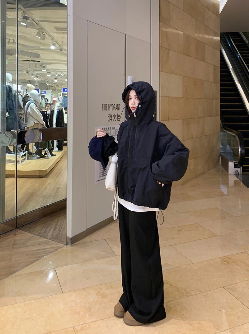 ふっくら中綿 あたたかい 冬 防寒あったかショート暖かいかわいいフード付きブルゾン厚手アウターブルーBF風 無地羽織るファッション大人ゆったりカジュアルストリートネックにサイズゆるダボシルエット秋黑白