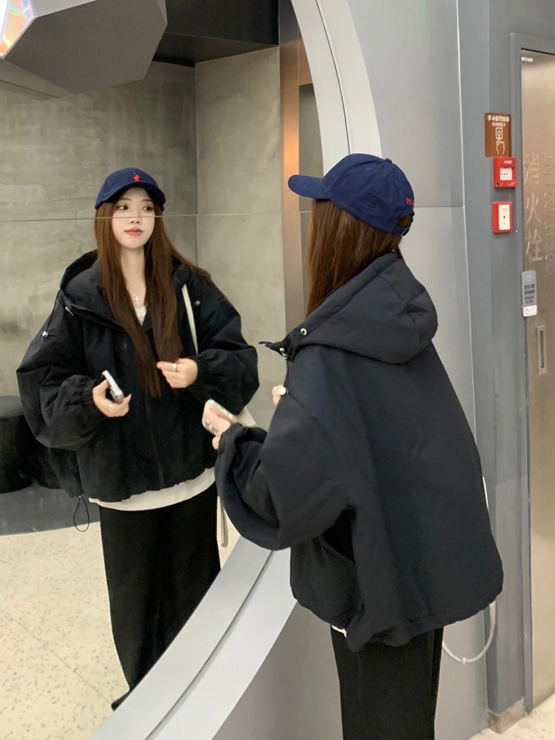 ふっくら中綿 あたたかい 冬 防寒あったかショート暖かいかわいいフード付きブルゾン厚手アウターブルーBF風 無地羽織るファッション大人ゆったりカジュアルストリートネックにサイズゆるダボシルエット秋黑白