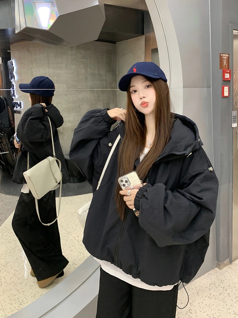 ふっくら中綿 あたたかい 冬 防寒あったかショート暖かいかわいいフード付きブルゾン厚手アウターブルーBF風 無地羽織るファッション大人ゆったりカジュアルストリートネックにサイズゆるダボシルエット秋黑白