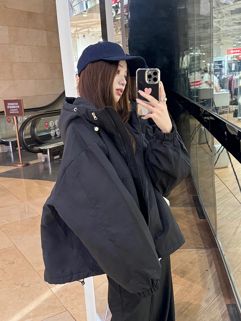 ふっくら中綿 あたたかい 冬 防寒あったかショート暖かいかわいいフード付きブルゾン厚手アウターブルーBF風 無地羽織るファッション大人ゆったりカジュアルストリートネックにサイズゆるダボシルエット秋黑白