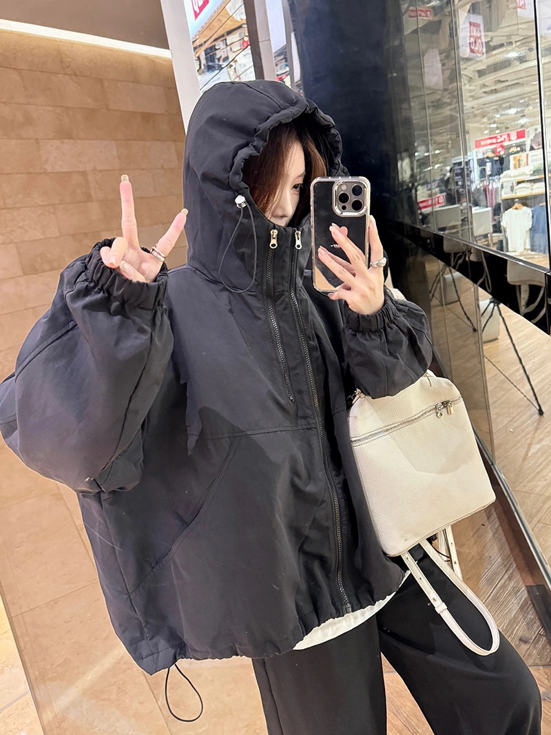 ふっくら中綿 あたたかい 冬 防寒あったかショート暖かいかわいいフード付きブルゾン厚手アウターブルーBF風 無地羽織るファッション大人ゆったりカジュアルストリートネックにサイズゆるダボシルエット秋黑白