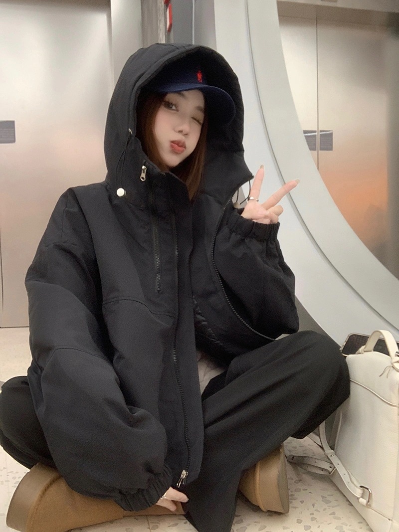 ふっくら中綿 あたたかい 冬 防寒あったかショート暖かいかわいいフード付きブルゾン厚手アウターブルーBF風 無地羽織るファッション大人ゆったりカジュアルストリートネックにサイズゆるダボシルエット秋黑白