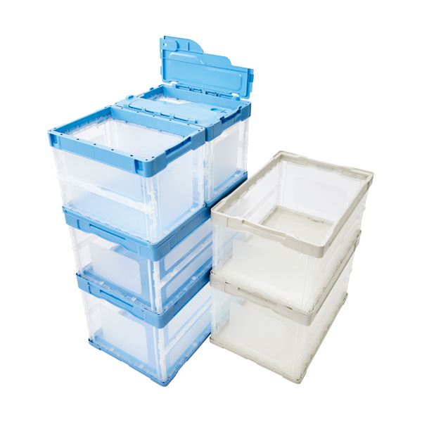 （まとめ） TANOSEE折りたたみコンテナ 軽量タイプ フタ一体型 20L ブルー／透明 1台 [x3セット]